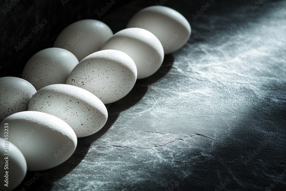 Poster four white eggs are arranged in a diagonal line on a dark marble surface dusted with flour, creating