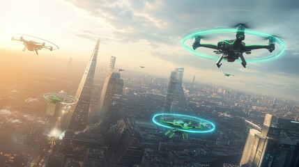 Naklejka premium Futuristic cityscape with multiple drones flying above modern skyscrapers at sunset.