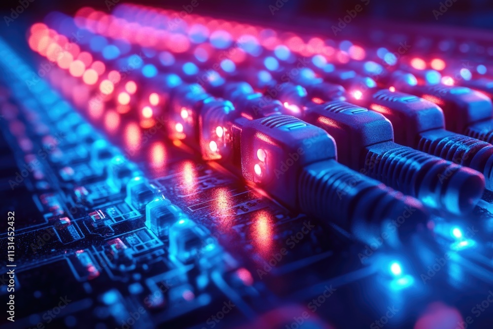 Poster close-up shot of a computer keyboard with red and blue lights