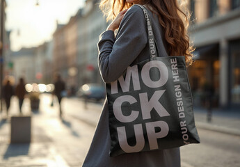 Mockup of Woman Holding Blank Tote Bag in Urban Setting