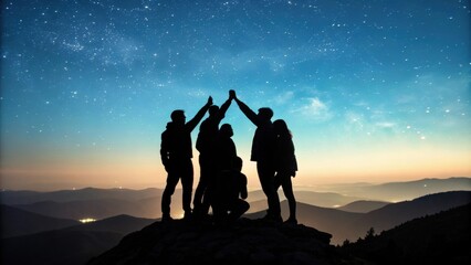 Silhouetted hikers join hands in a symbolic gesture of teamwork and accomplishment, celebrating their successful climb to a mountain summit under a breathtaking starry night sky