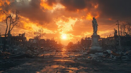 Naklejka premium Post-apocalyptic cityscape at sunset; a statue stands amidst the ruins, symbolizing resilience and hope amidst devastation.