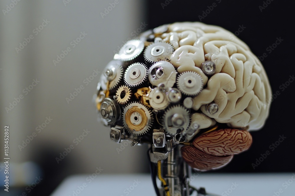 Poster a 3d model of a human brain with mechanical gears attached, representing the intersection of technol
