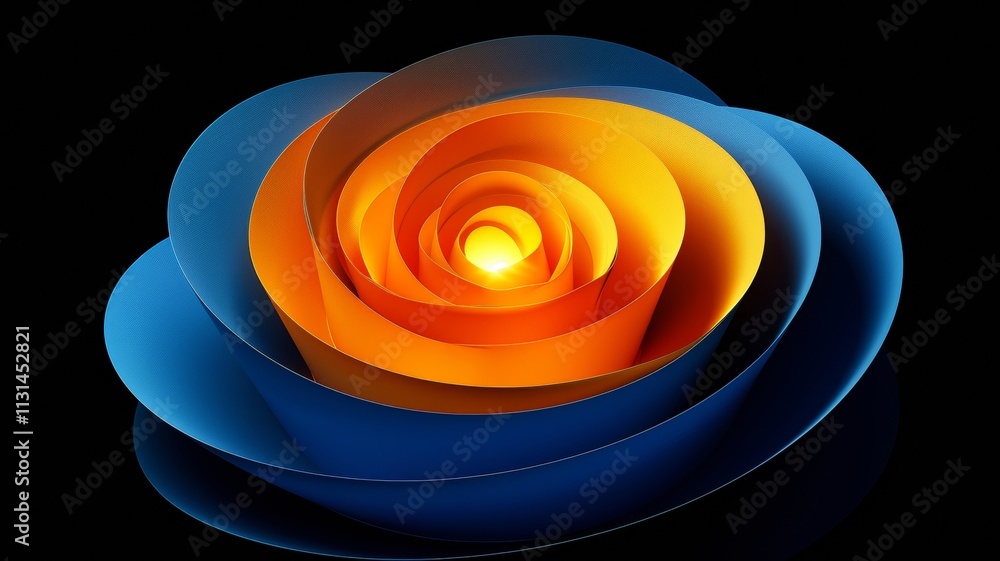 Poster a vibrant abstract flower design features layered shapes in hues of orange and blue, creating a dyna