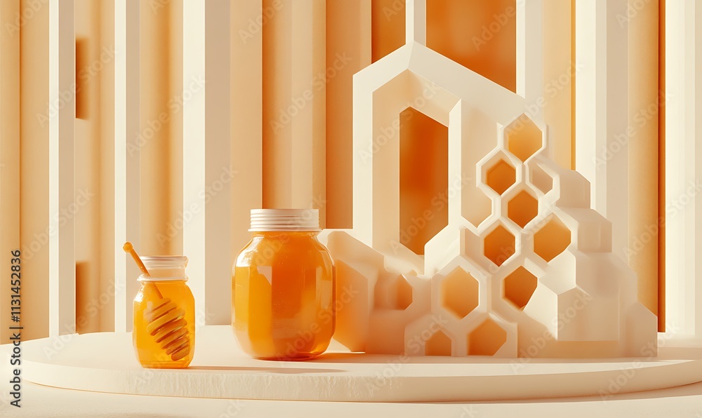 Poster honey jars displayed with abstract honeycomb structure