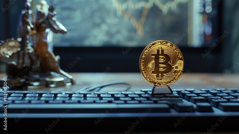 Aufkleber digital cryptocurrency sitting on a computer keyboard