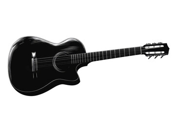 Black and white illustration of a classical guitar lying horizontally on a white background