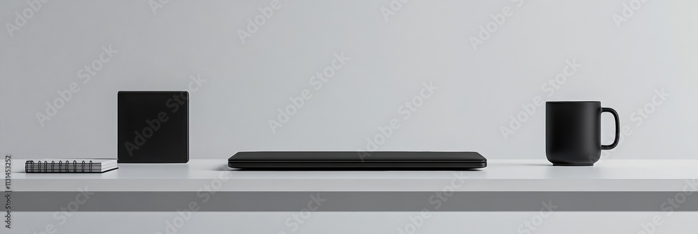 Aufkleber the minimalist workspace includes a sleek black laptop, a stylish mug, a unique cube, and an open no
