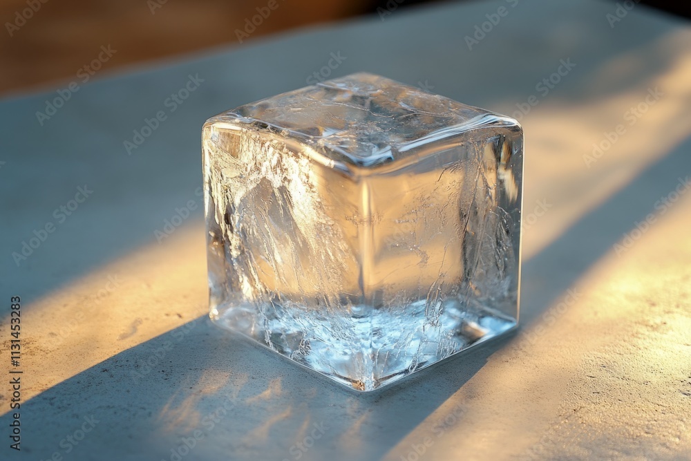Poster single ice cube melting on concrete surface under sunlight, creating beautiful patterns of light and