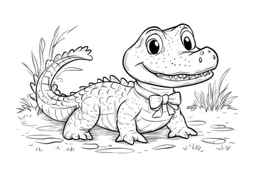 Naklejka premium Cartoon illustration of a friendly alligator wearing a bow tie, standing in a swampy area with grass and puddles