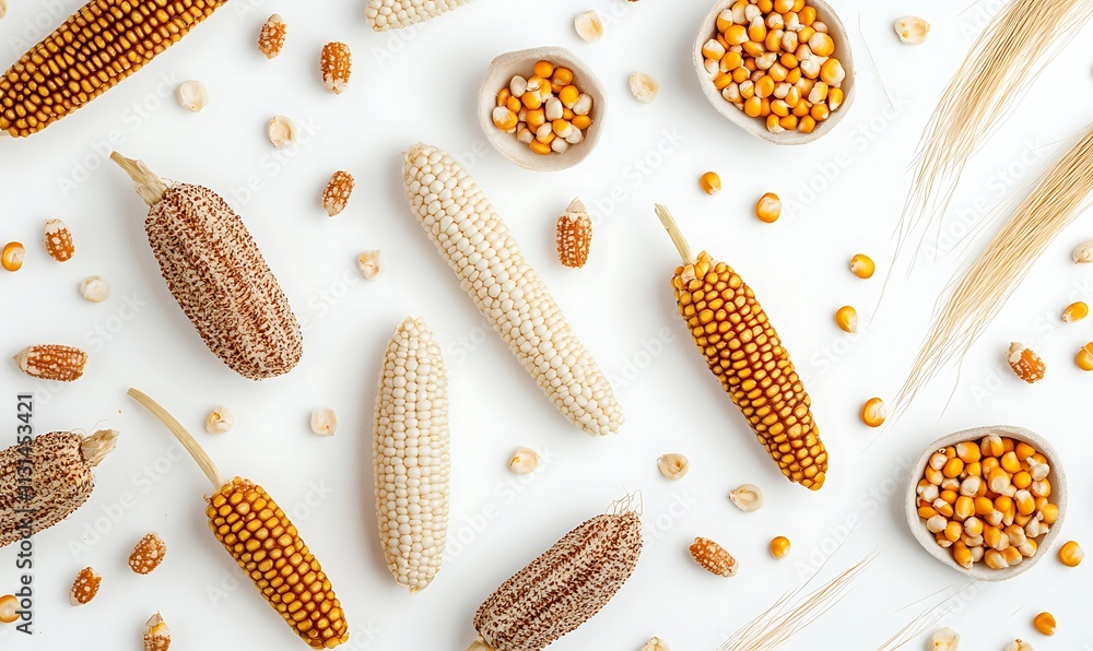 Poster assorted corn varieties and kernels displayed artfully