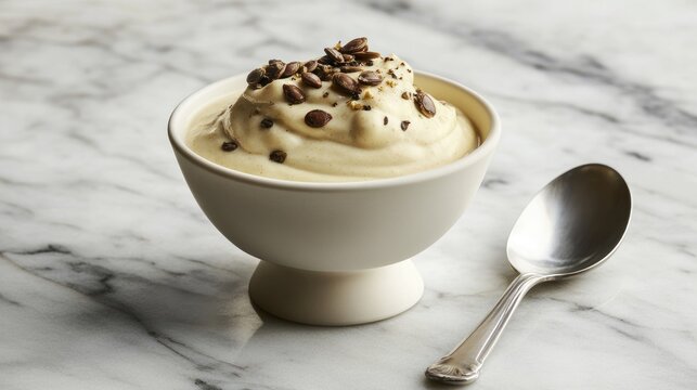 Creamy dessert in a small bowl topped with seeds, on a marble surface.