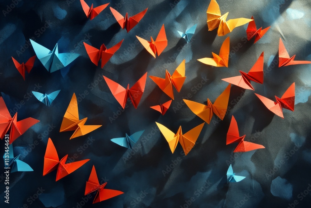 Poster origami butterflies in various colors creating a dynamic and artistic scene