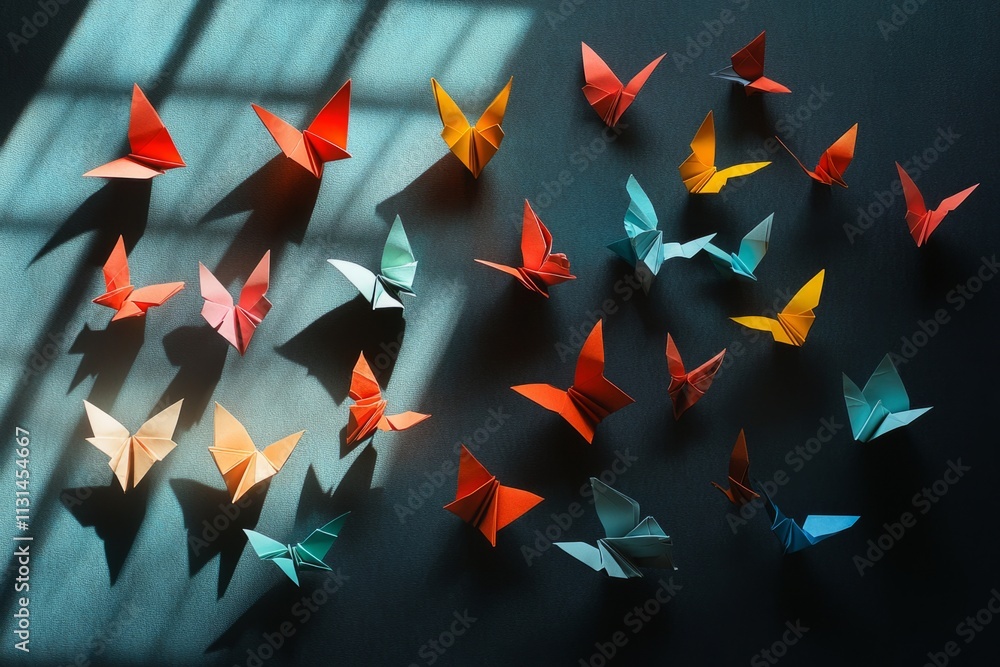 Poster Colorful origami butterflies creating a beautiful pattern on a dark background with window light beams