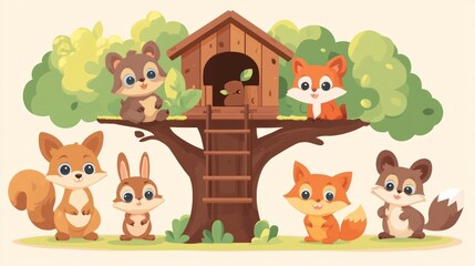 Obraz premium Cute woodland animals playing near tree house.