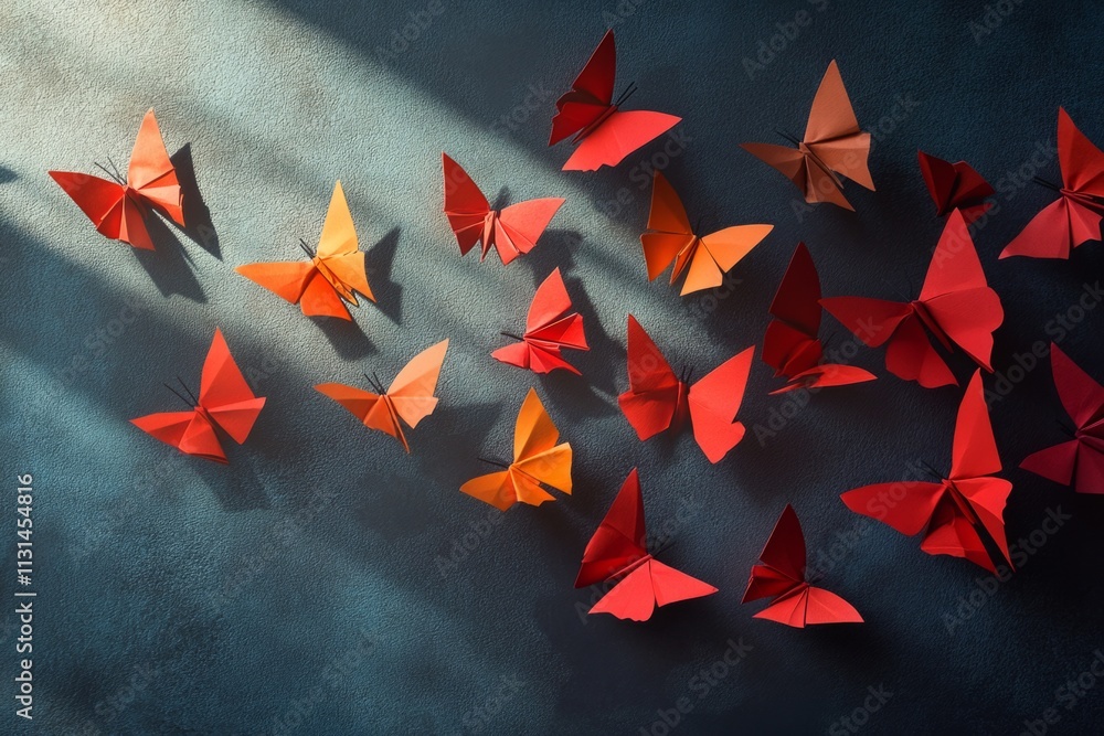 Poster many colorful origami butterflies flying from dark to light on textured background, creating a beaut