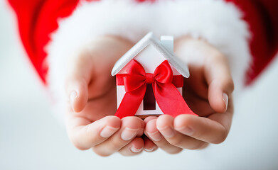 Small decorative house wrapped in a red bow, held in hands with a festive Santa costume background.