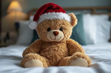 Fototapeta premium Santa Hat Bear in Bedroom