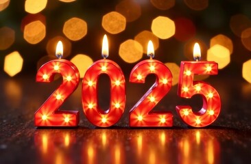 Three vibrant red candles shaped like the numbers 2025 are lit, giving off a warm glow. The background features soft bokeh lights, enhancing the celebratory mood of the moment.
