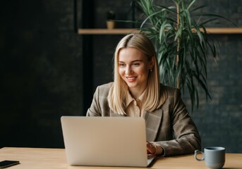 Fototapeta premium A businesswoman in a creative workspace participating in a virtual meeting.