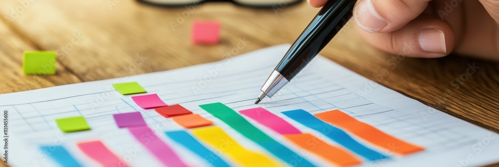 Poster a person is analyzing colorful bar graphs on paper with a pen, highlighting the importance of effect