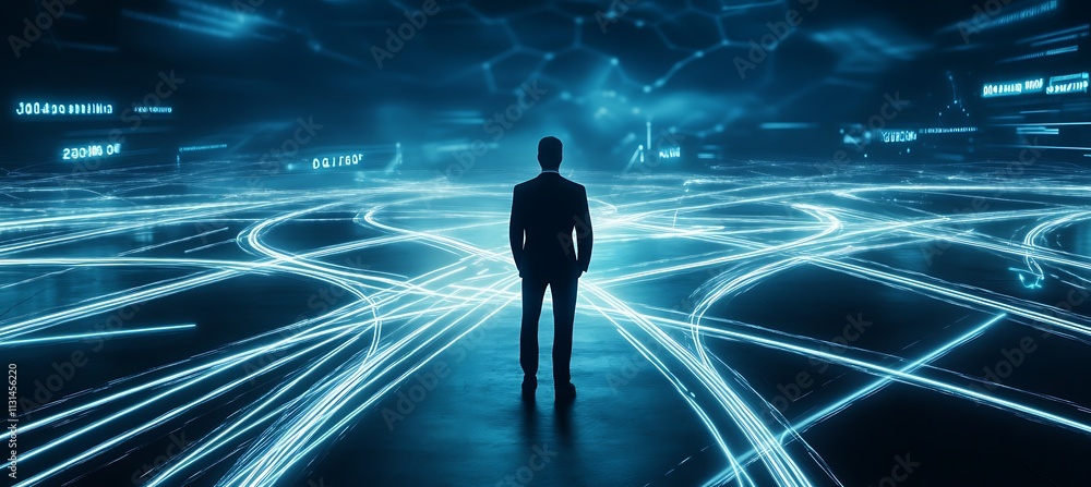 Poster a conceptual image of a businessman standing at a digital crossroads with glowing arrows pointing in