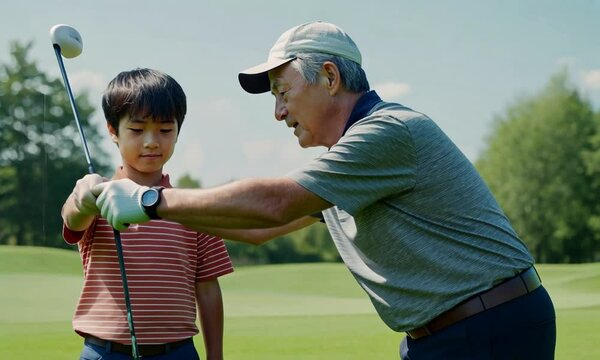 A young boy receives golf instruction from an older man on a sunny day outdoors.