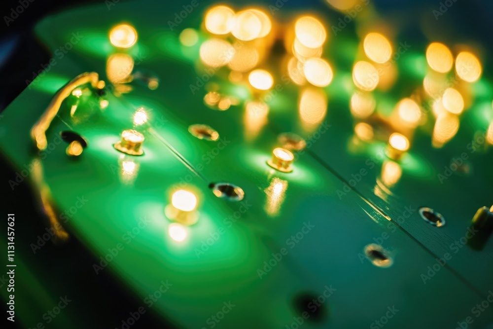 Poster a close-up view of a control panel with green indicator lights, suitable for use in technology or in