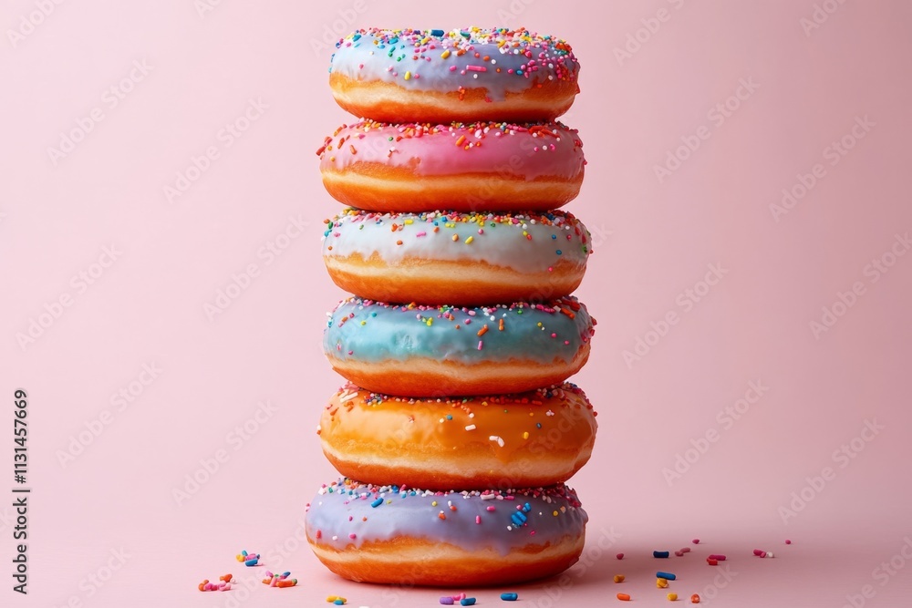 Poster indulge in sweetness with a towering stack of colorful frosted donuts, creating a visually appealing