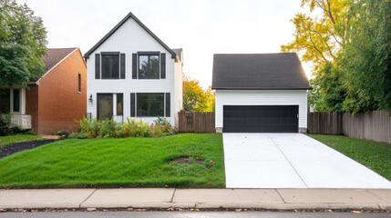 Fototapeta premium Modern Residential Home with Large Windows and Garage Surrounded by Lush Green Lawn and Trees in a Peaceful Neighborhood Setting