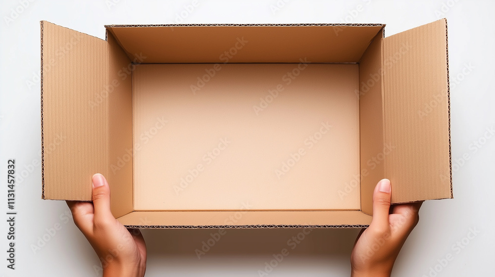 Poster hands holding an open empty cardboard box against a white background.