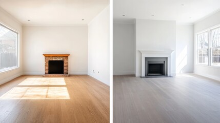 Fototapeta premium Modern Living Room Transformation with Natural Light and Minimalist Design Featuring a Fireplace and Bright Walls