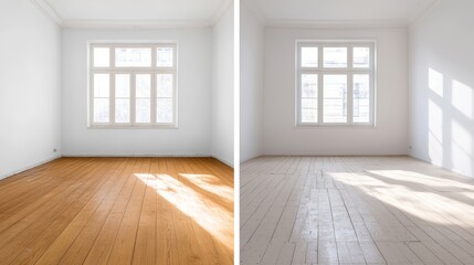 Obraz premium Bright and Airy Interior with Sunlight Shining Through Windows in Two Distinct Rooms Featuring Wooden Flooring and Minimalist Design Aesthetic