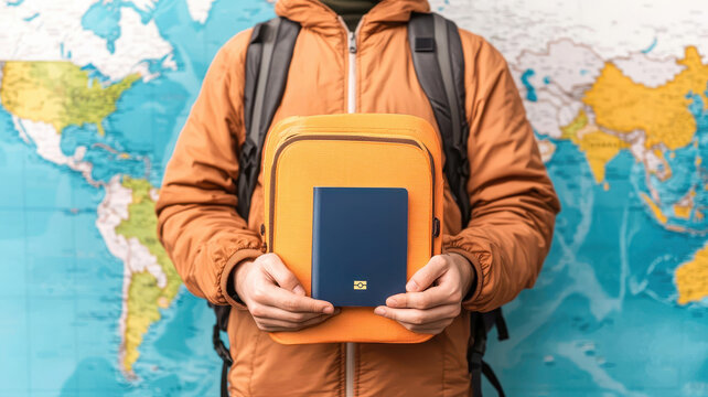 A student holding a passport and a digital guidebook for global work-study options, standing in front of a vibrant world map.