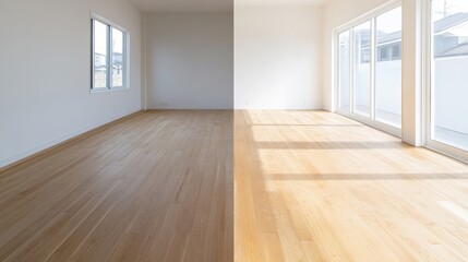 Fototapeta premium Bright and Spacious Modern Interior with Well-Lit Hardwood Flooring and Minimalist Design Showcasing Bare Walls and Natural Light