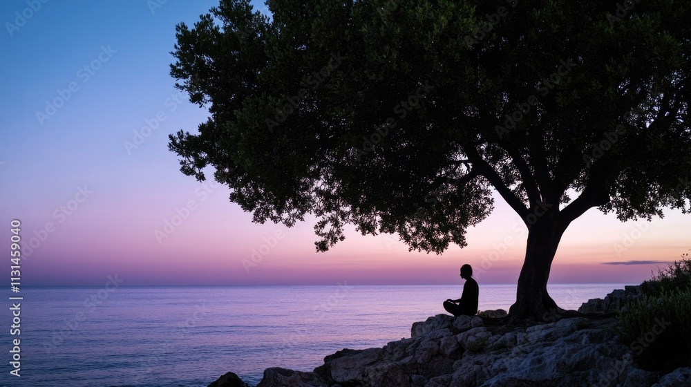 Poster a person relaxing under a tree with water in the background, suitable for use in editorial or lifest