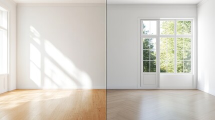 Fototapeta premium Bright and Spacious Empty Room with Sunlight Casting Shadows and Large Windows Overlooking a Scenic Outdoor View