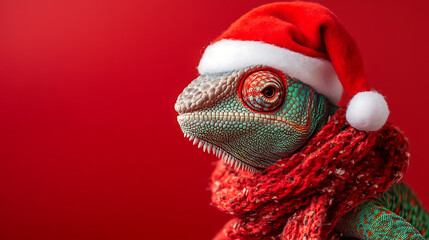 Merry Christmas Greeting Card - Chameleon  wearing santa red hat and red christmas scarf isolated on red winter background with copy space