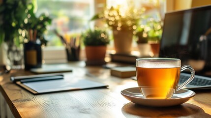 Fototapeta premium set in a tidy, inviting home office with a cup of tea and motivational quotes in the background