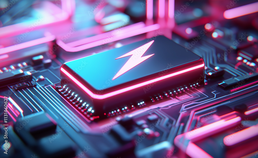 Poster glowing computer chip: a futuristic glowing microchip with neon pink circuitry on a high-tech circui