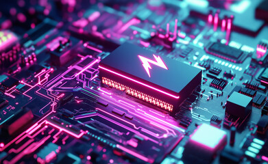 Obraz premium Glowing computer chip: A futuristic glowing microchip with neon pink circuitry on a high-tech circuit board, symbolizing technology and innovation.