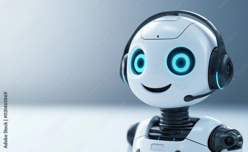 Poster smiling humanoid robot: a friendly humanoid robot with glowing blue eyes and a sleek design, symboli