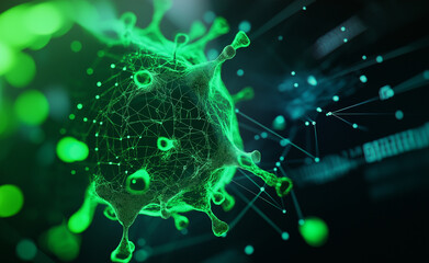 Virus on digital interface: A 3D green virus floating over a futuristic blue digital interface, symbolizing technology in medical research and virology.