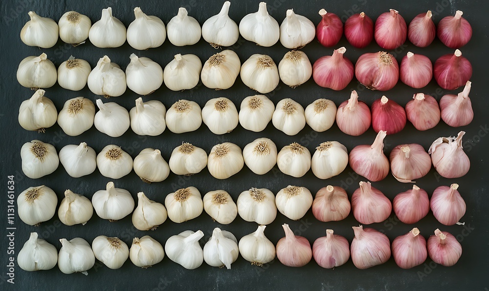Aufkleber garlic and shallots arranged in rows on a dark surface