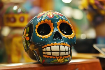 Naklejka premium A decorative skull sitting on a wooden table, perfect for decoration or photography props