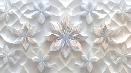 White geometric floral pattern with crystalline accents and layered petal shapes