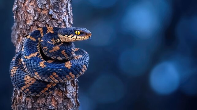 A dark fantasy creature lurks as a sinister snake with glowing yellow eyes wraps around a tree trunk in a moonlit forest