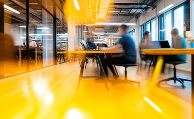 Blurred modern workspace: A dynamic, blurred shot of people working in a modern office with bright yellow accents and glass partitions.