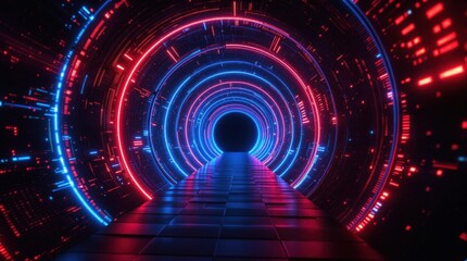 Obraz premium Futuristic Neon Tunnel with Blue and Red Luminescent Circles and Patterns