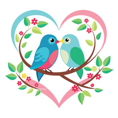 Obraz premium two lovebirds sitting heart shaped branch vector illustration
